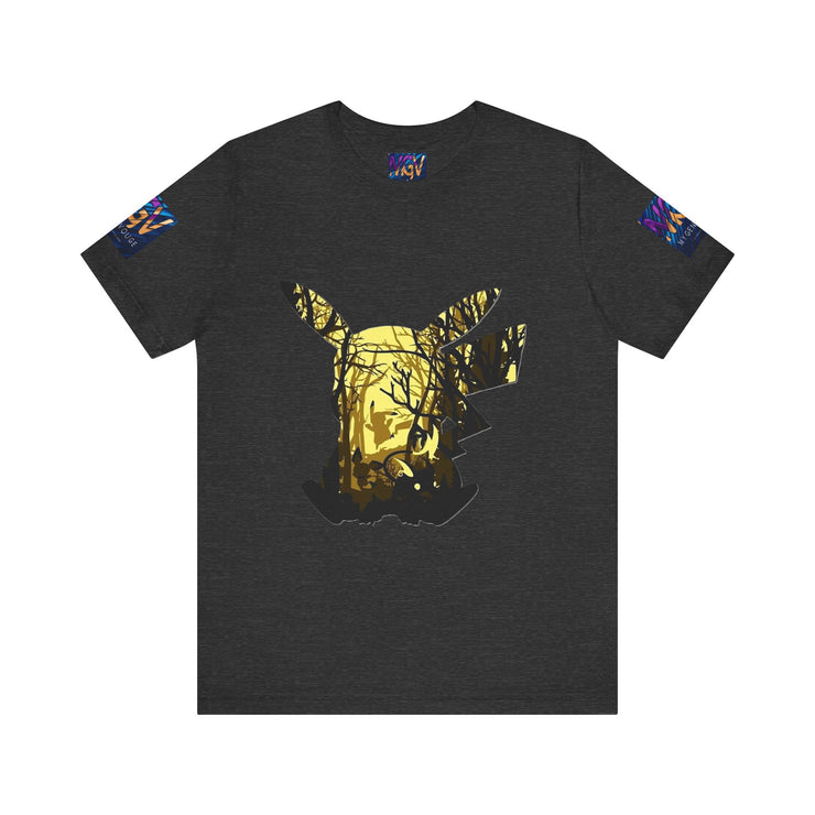 Black t-shirt with a gold graphic design on a white background