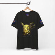 Black t-shirt with gold graphic design on a hanger against a white background