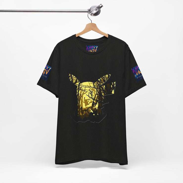 Black t-shirt with gold graphic design on a hanger against a white background