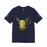 Navy blue t-shirt with gold and black graphic design on a white background