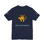 Navy blue t-shirt with a yellow and black graphic and text 'Who is that Pokemon?' on a white background