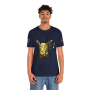 Person wearing a navy blue t-shirt with a gold and black graphic design on a white background