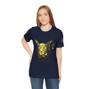 Woman wearing a navy blue t-shirt with a gold and black design on a white background