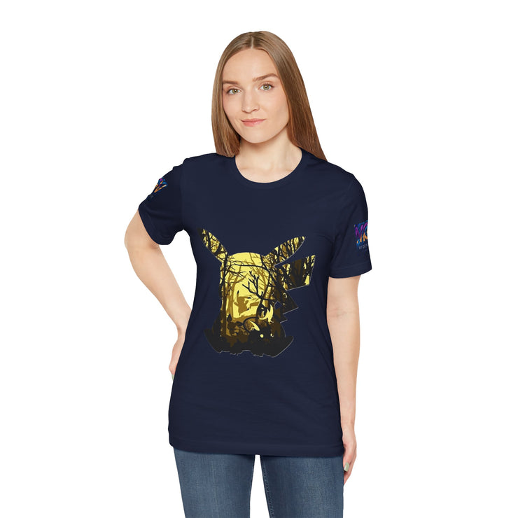 Woman wearing a navy blue t-shirt with a gold and black design on a white background