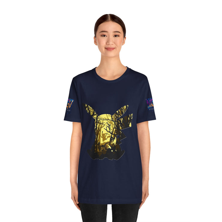 Person wearing a navy blue t-shirt with a gold and black graphic design on a white background
