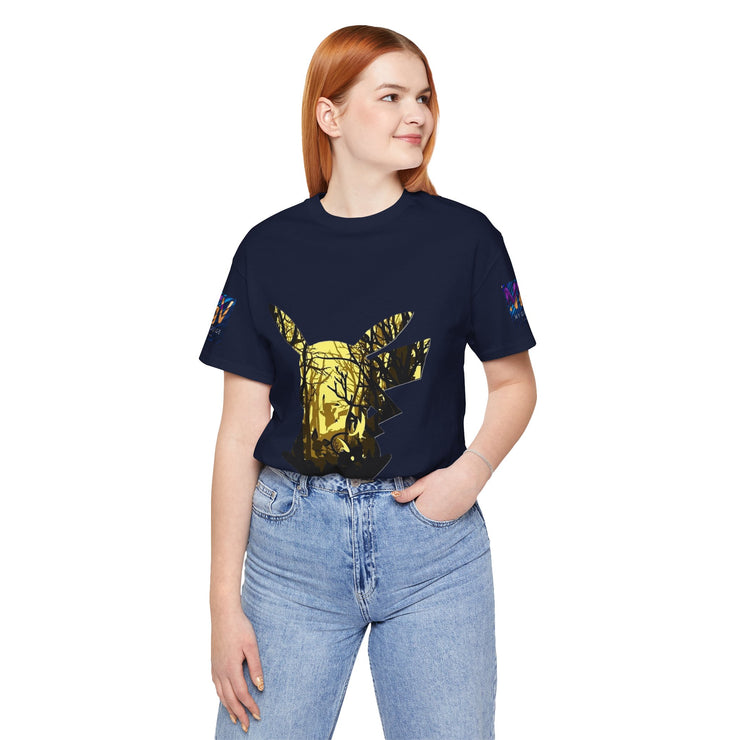 Person wearing a navy blue t-shirt with a gold graphic design on a white background