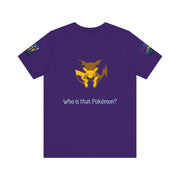 Purple t-shirt with a yellow and purple creature graphic and text 'Who is that Pokémon?' on a white background