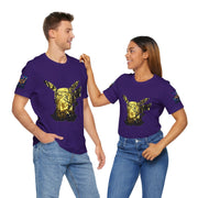 Two people wearing matching purple t-shirts with a design on a white background