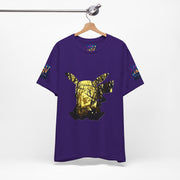 Purple t-shirt with gold and black graphic design on a hanger against a white background