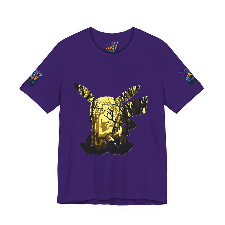 Purple t-shirt with a gold and black graphic design on a white background