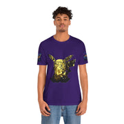 Person wearing a purple t-shirt with a gold and black design on a white background