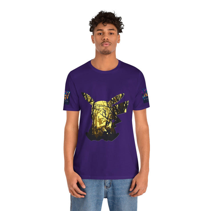 Person wearing a purple t-shirt with a gold and black design on a white background