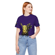 Person wearing a purple t-shirt with a graphic design on a white background
