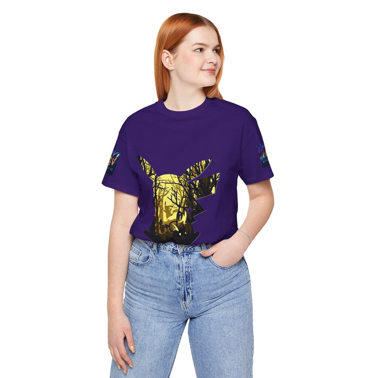 Person wearing a purple t-shirt with a graphic design on a white background