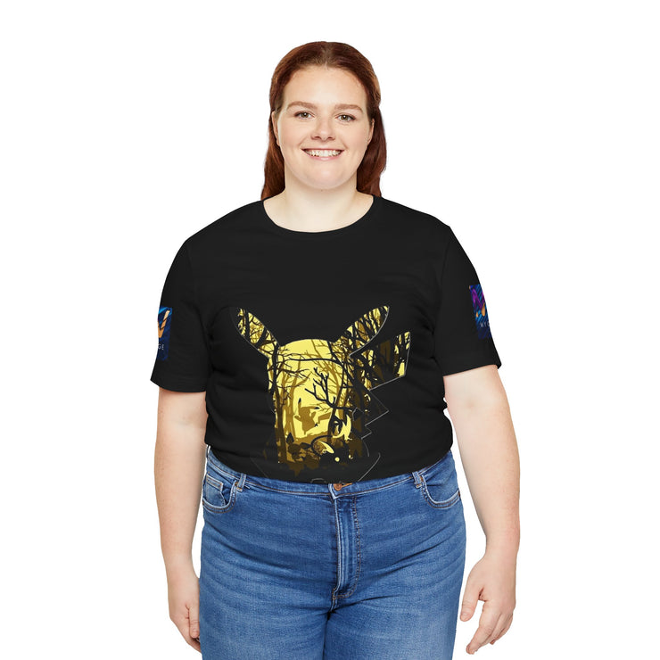 Person wearing a black t-shirt with a gold graphic design on a white background