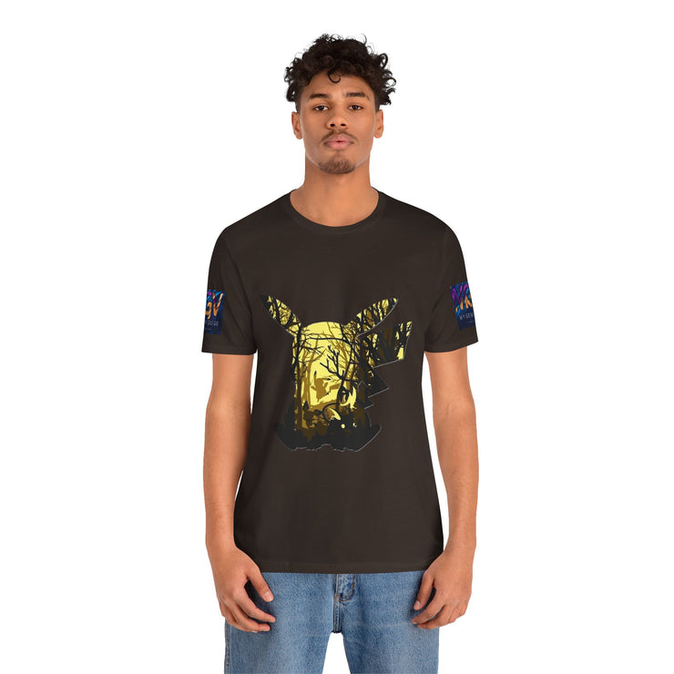 Person wearing a black t-shirt with a graphic design on a white background