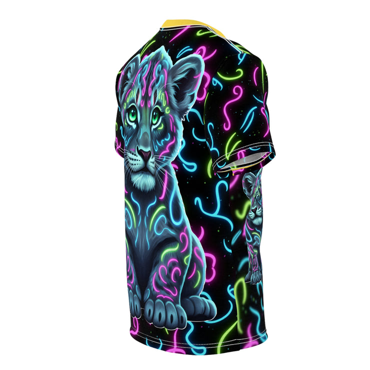 Neon Baby Leo design on a sleeveless shirt with colorful patterns against a white background