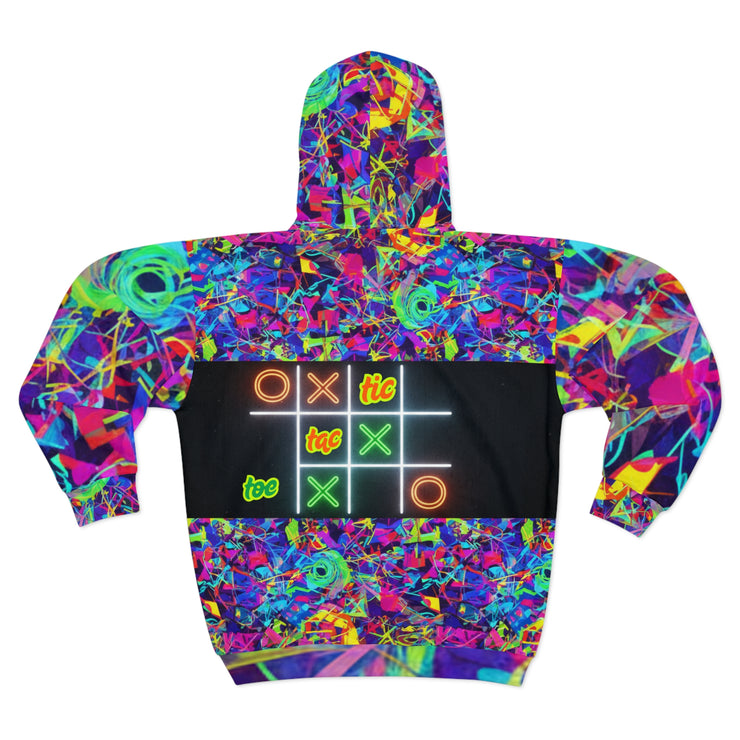 Colorful hoodie with a Tic Tac Toe design on a white background