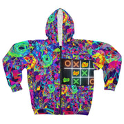 Colorful hoodie with a unique pattern and a Tic Tac Toe design on the chest.