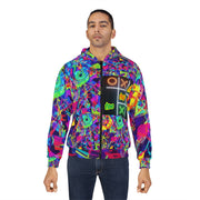 Man wearing a colorful jacket with a brand logo on a white background