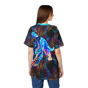 Person wearing a colorful t-shirt with a Leopard design on a white background