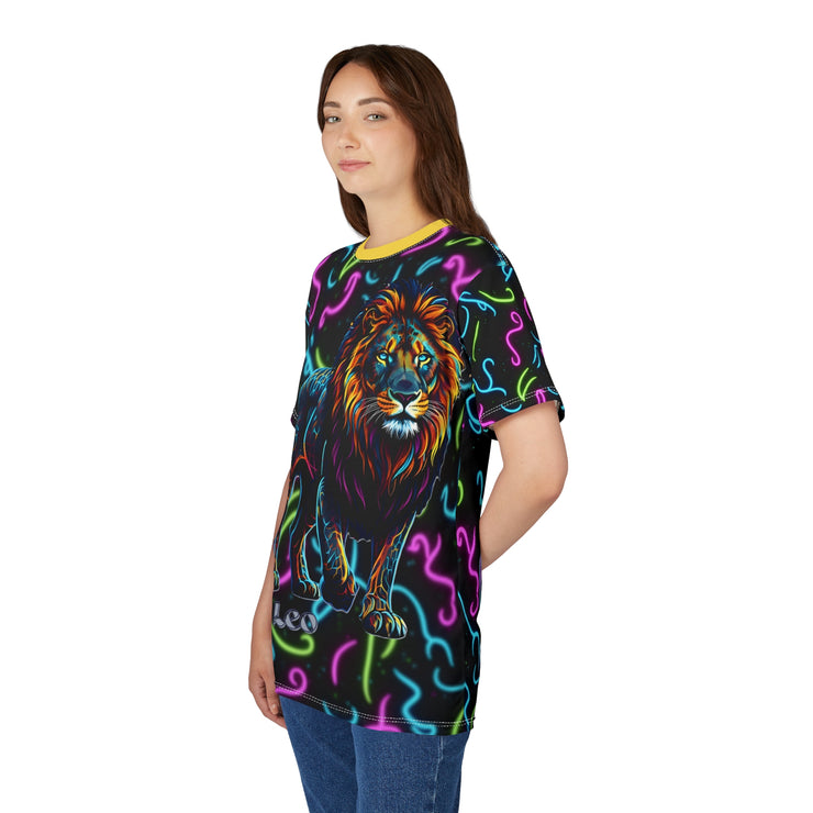 Woman wearing a colorful lion graphic t-shirt on a white background