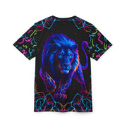 T-shirt with a colorful lion design on a black background