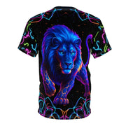 T-shirt with a colorful lion design on a black background