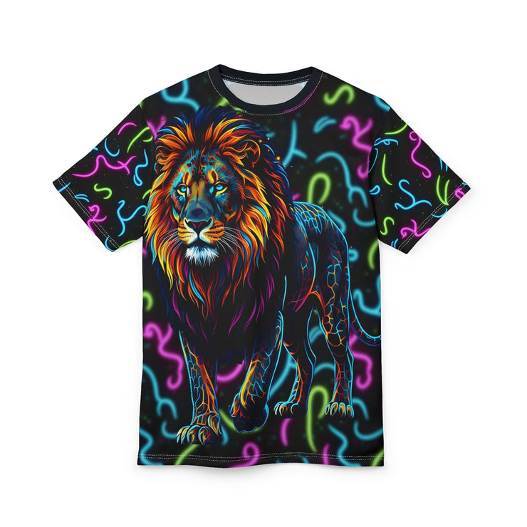 T-shirt with a colorful lion design on a black background