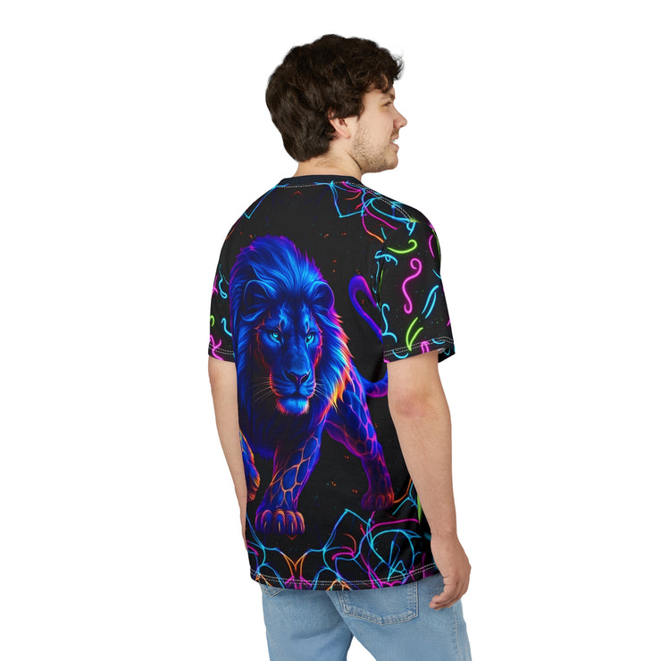 Person wearing a black t-shirt with a colorful lion design on the back