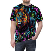 T-shirt with a colorful lion design on a black background
