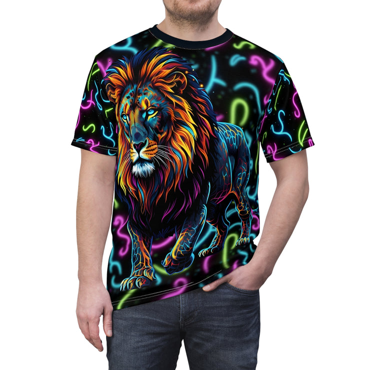 T-shirt with a colorful lion design on a black background