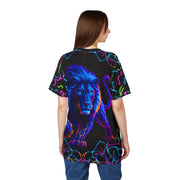 Person wearing a black t-shirt with a colorful lion design on a white background